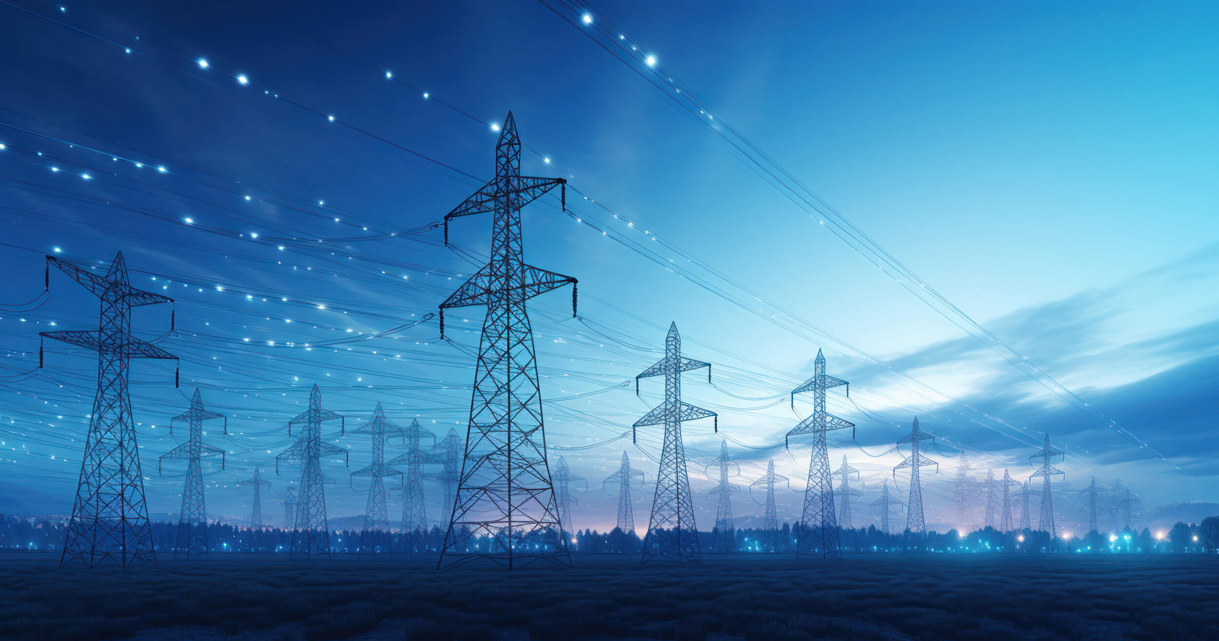 An ai generated image of powerlines at dusk with sparkles of power running through the lines.